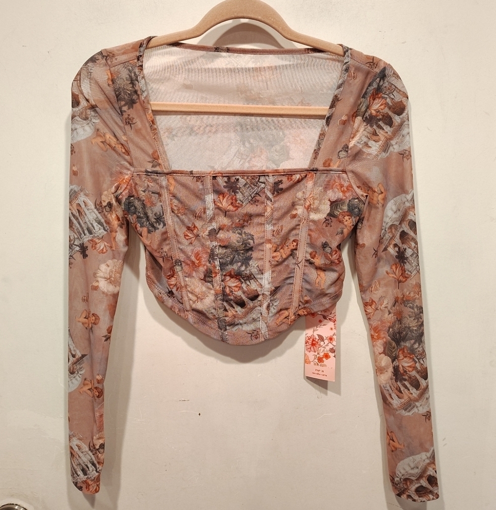 Shein MOD NWT Retro Cherub Floral Mesh Square Neck Round Hem Corset Crop Top S